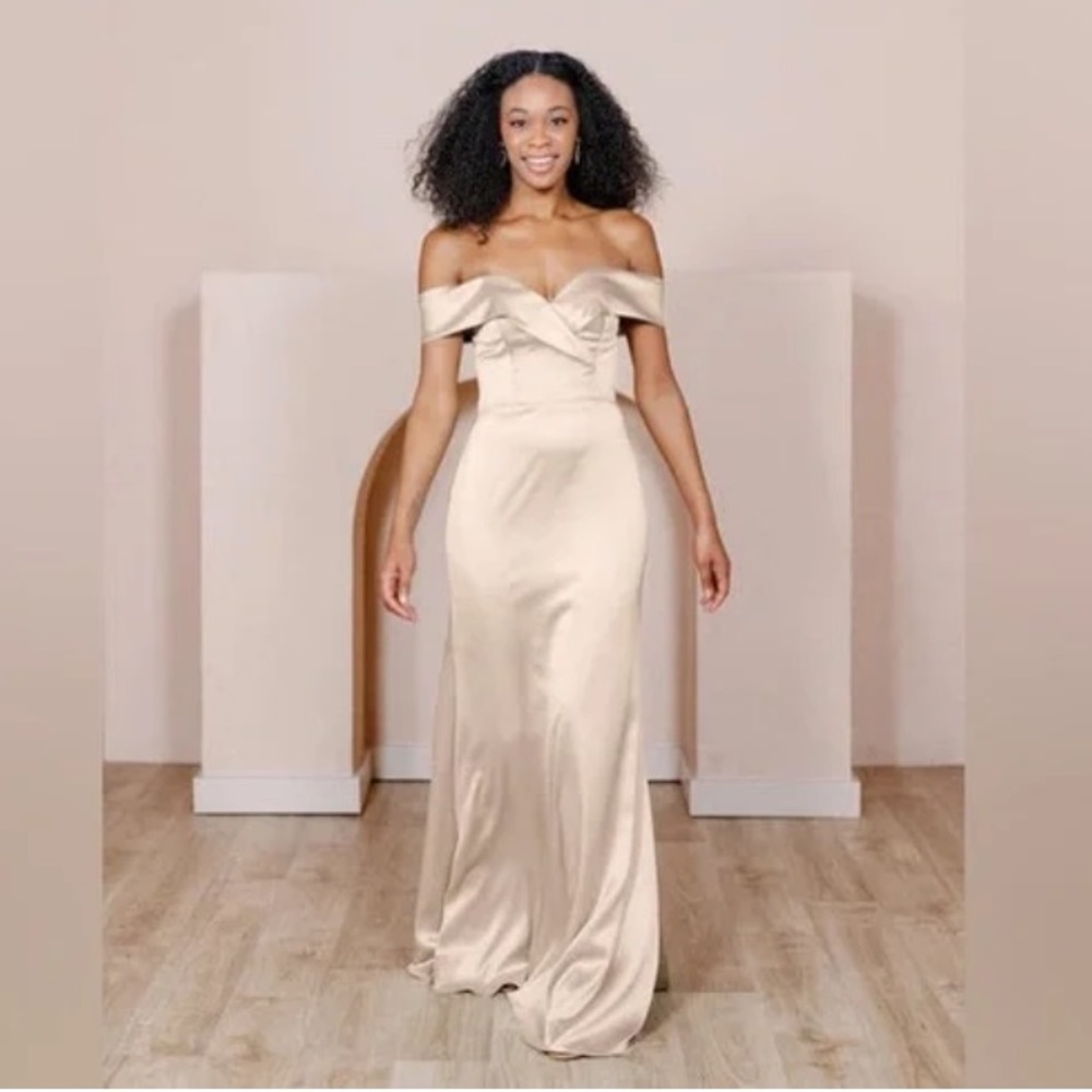 Revelry Bardot Satin Dress Gown Champagne Gold